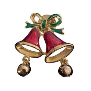 Vintage Christmas lapel pin festive holiday bells red enamel & goldtone